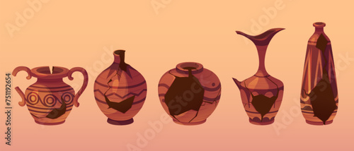 Broken and cracked ancient pottery products decorated with traditional greek patterns. Cartoon vector illustration set of museum artifact of crashed antique ceramic and terracotta handicraft tableware