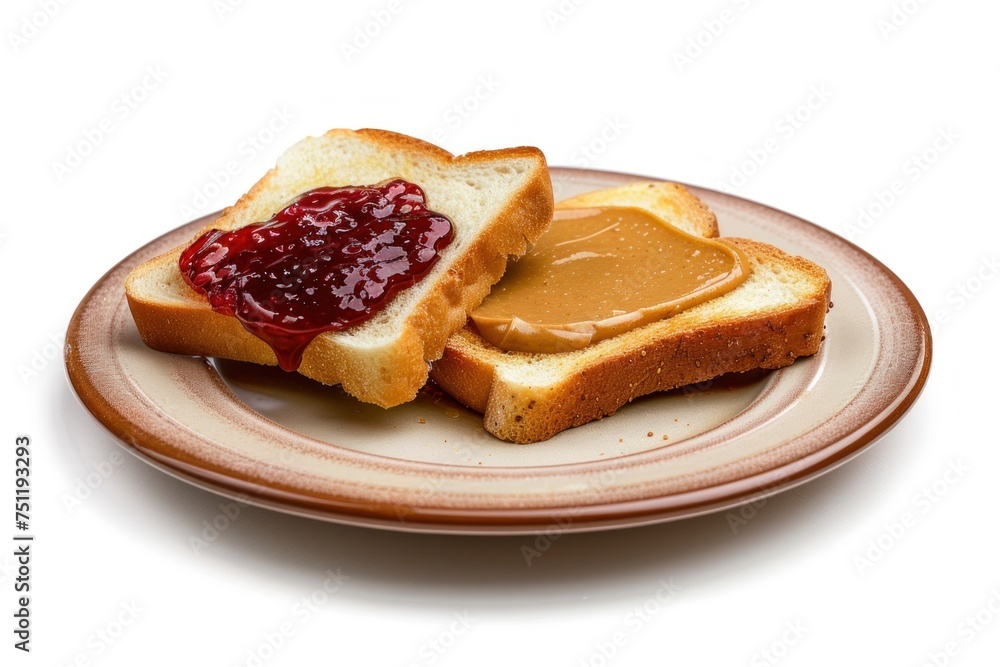 Two slices of toast on a plate, one with peanut butter, one with jelly. Two slices of toast on a plate, one with peanut butter, one with jelly.