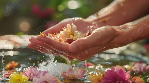 Womans Hands Cleanse in a Flower-filled Pond © kiatipol