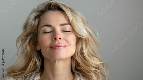 Youthful Blonde Woman with Eyes Closed in Studio