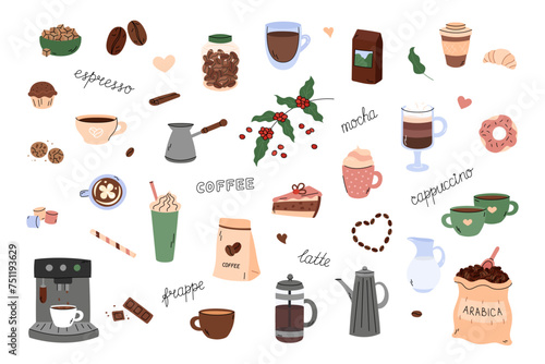 Coffee break vector doodles set. Morning coffee mug cappuccino, espresso, frappe and mocha. Cute cartoon design elements. Simple hand drawn illustrations. Different doodle beverages, appliances