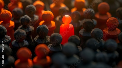 Wooden dolls of people, one stands out from the crowd, it is illuminated