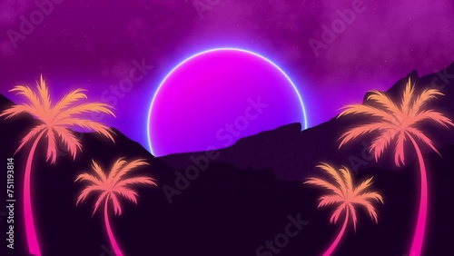 Retro style night silhouette of rocky mountain with palm trees lit by the moon.