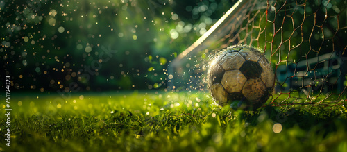 The soccer ball flew into the goal net. Green background with splashes. Bokeh effect. AI generative