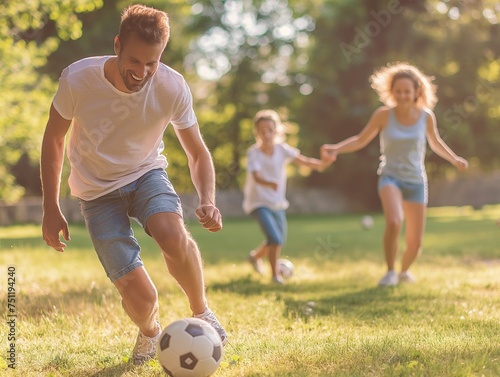 A heartwarming scene of a father and children playing soccer together outdoors, embodying fun and family bonding