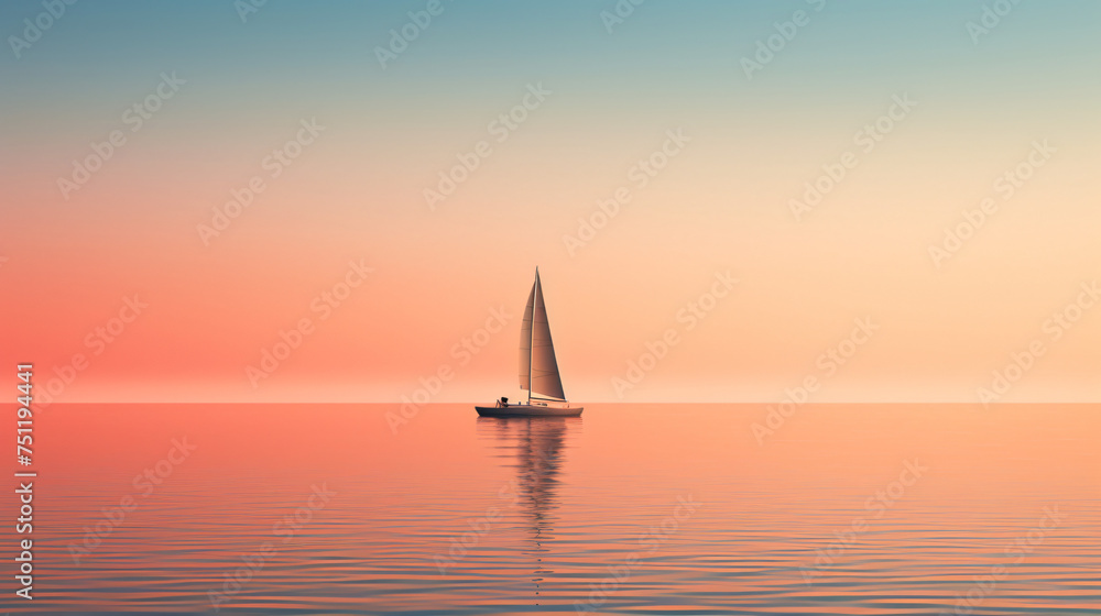 Lonely sailing boat at sea minimalism style poster