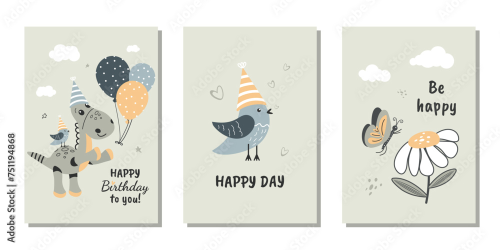 A set of birthday greeting cards, poster, invitation, template, greeting cards. A dinosaur and a bird. Vector design.