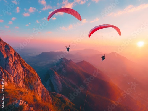 Two paragliders fly over mountain peaks during a stunning sunset, capturing the essence of adventure and freedom in the air