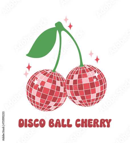 Disco ball cherry red illustration, trendy groovy vibes disco era.
