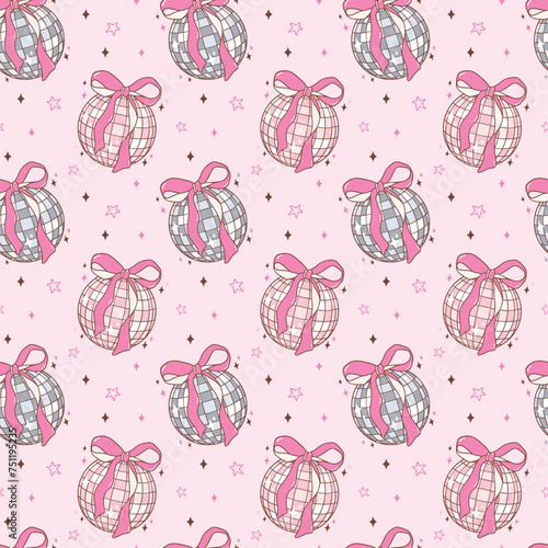 Coquette Pink Disco Ball Doodle Seamless Pattern Groovy Retro Vibes