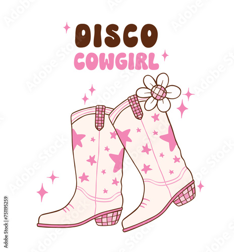 Disco Cowgirl boots illustration, trendy retro groovy vibes disco era.