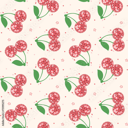Disco Ball Cherry Seamless Pattern Groovy Retro background Vibes isolated on background.