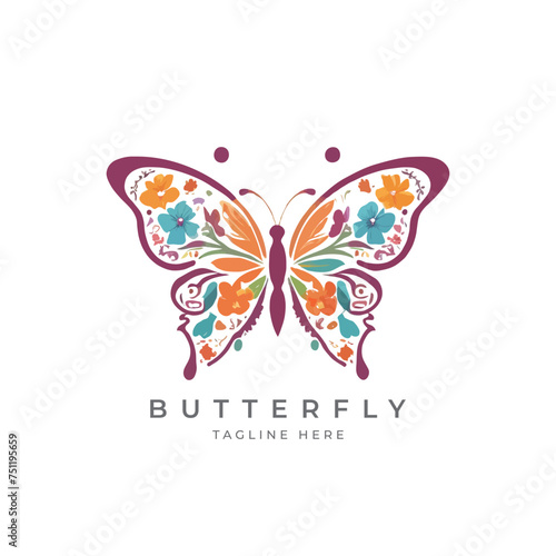 Colorful Floral butterfly, natural insect icon or logo. Vector illustration isolated on white background. 