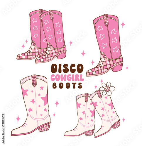 Set of Disco Cowgirl boots doodle hand drawing illustration, trendy retro groovy vibes disco era.