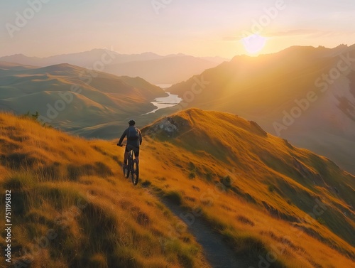 An adventurous cyclist rides along a mountain trail overlooking a river at sunset, embodying freedom and exploration © cherezoff
