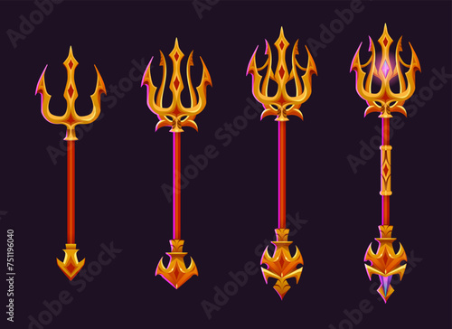 Poseidon or Neptune magic golden trident for game ui level rank design. Cartoon vector illustration set of fantasy metallic spear with pitchfork in various steps of decoration and ornaments progress.
