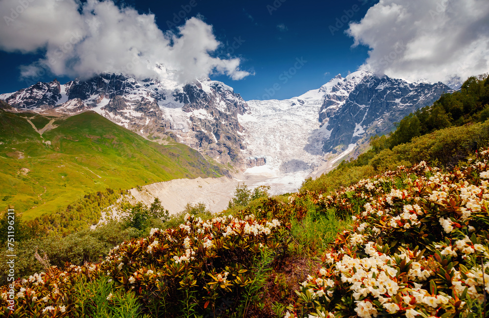 Fototapeta premium A spectacular view of the icefall near Mount Tetnuldi. Upper Svaneti, Georgia, Main Caucasus Range.