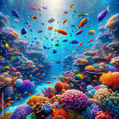 鮮やかなサンゴ礁の海と熱帯魚のイメージ【生成AI】