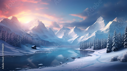 Fantastic winter landscape with snowy mountains and lake. 3d rendering