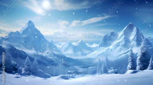 Winter landscape with snow covered mountains and blue sky. 3d render © Wazir Design