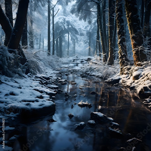 Winter landscape with frozen river and snow covered trees in the forest.