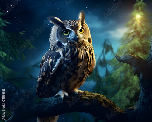 Owl sitting on a branch in the forest at night. 3D rendering