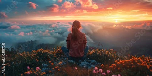 Contemplative Woman at Mountain Sunset. Woman seated amidst wildflowers enjoying a mountain sunset.