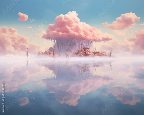 Fantasy landscape with foggy lake and mountains. 3d illustration
