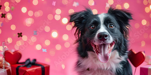 Border Collie funny dog congratulates on valentines day on a pink background  © Muhammad