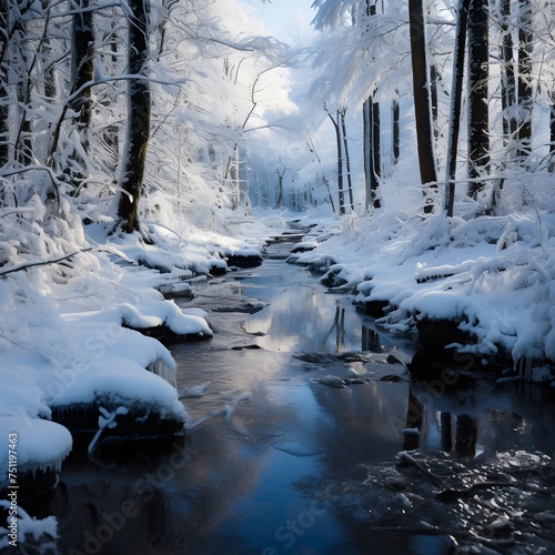River in the winter forest. Winter landscape with a river and trees