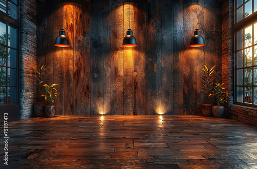 Interior of a living room with wooden floor and lights. Created with Ai