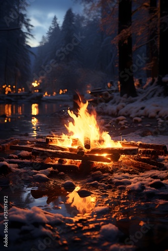 Winter night in the forest. Beautiful winter landscape with a bonfire.