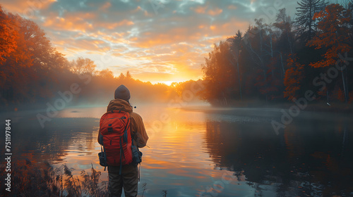 A man with a backpack stands on the bank of the lake and looks at the sunrise.