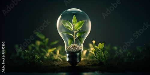 Futuristic green plant inside a light bulb energy with leaves background green leaf Bulb 3d rendering of an energy saving Eco friendly lightbulb from fresh leaves top view