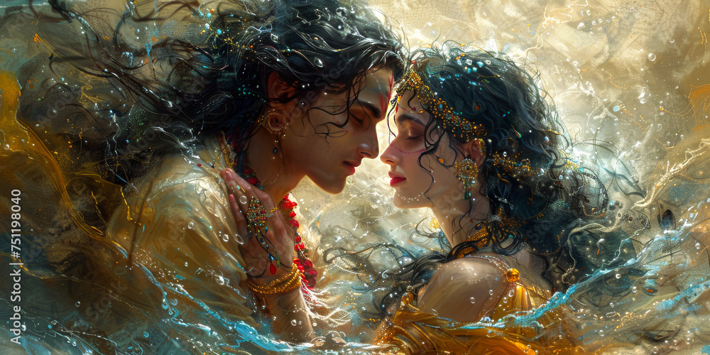 Obraz premium Sublime Affection: Digital Painting of Krishna and Radha, a Vision of Divine Love