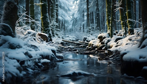 Winter landscape with a small river in the forest. Beautiful winter background