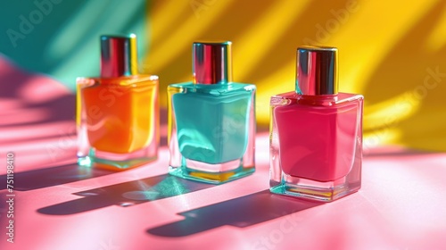 Three glossy nail polish bottles in orange, teal, and pink bask under a warm, sunny glow, casting playful shadows on a smooth pink backdrop.