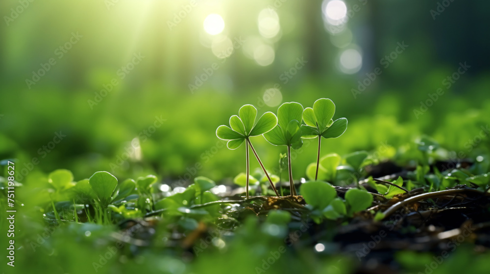 Morning in the forest fresh shoots shamrock in dew