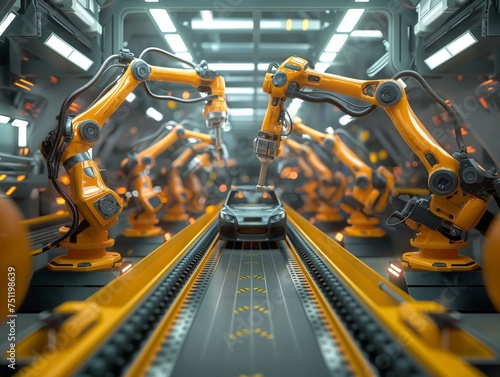 Futuristic robotic arms assemble a car in an automated factory setting, showcasing industrial innovation