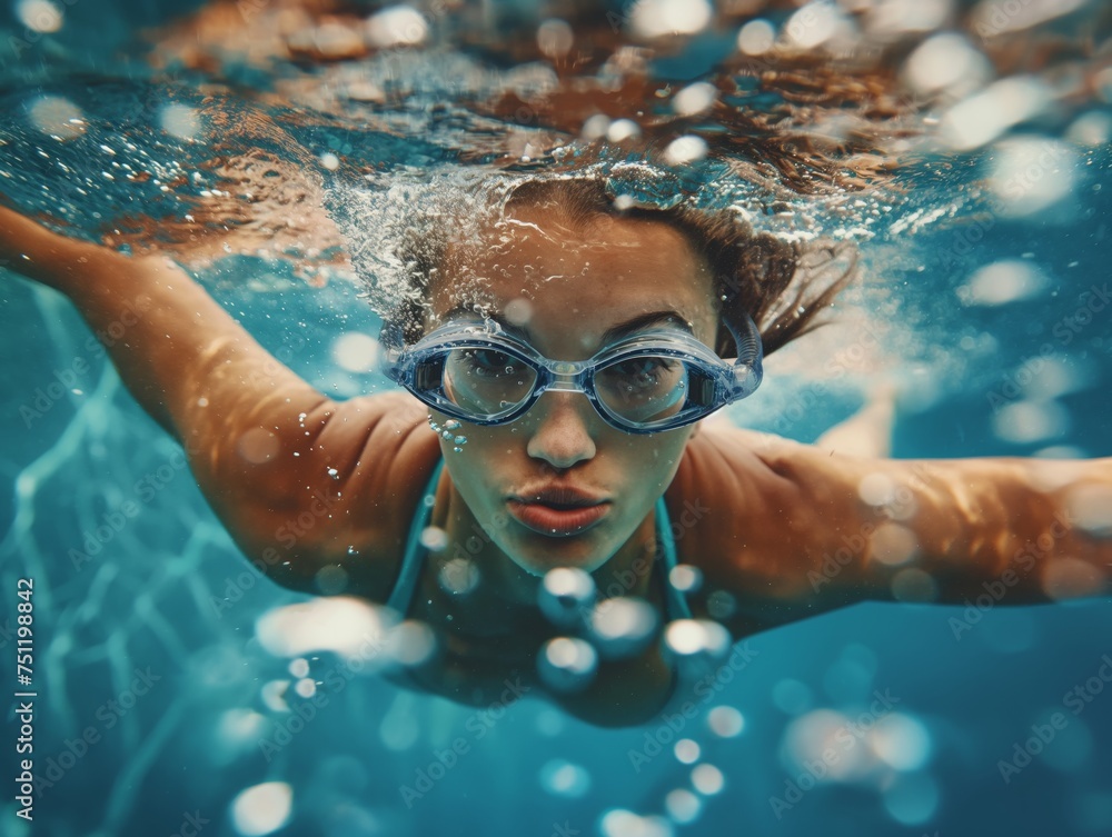 A focused female swimmer glides underwater, showcasing strength and elegance