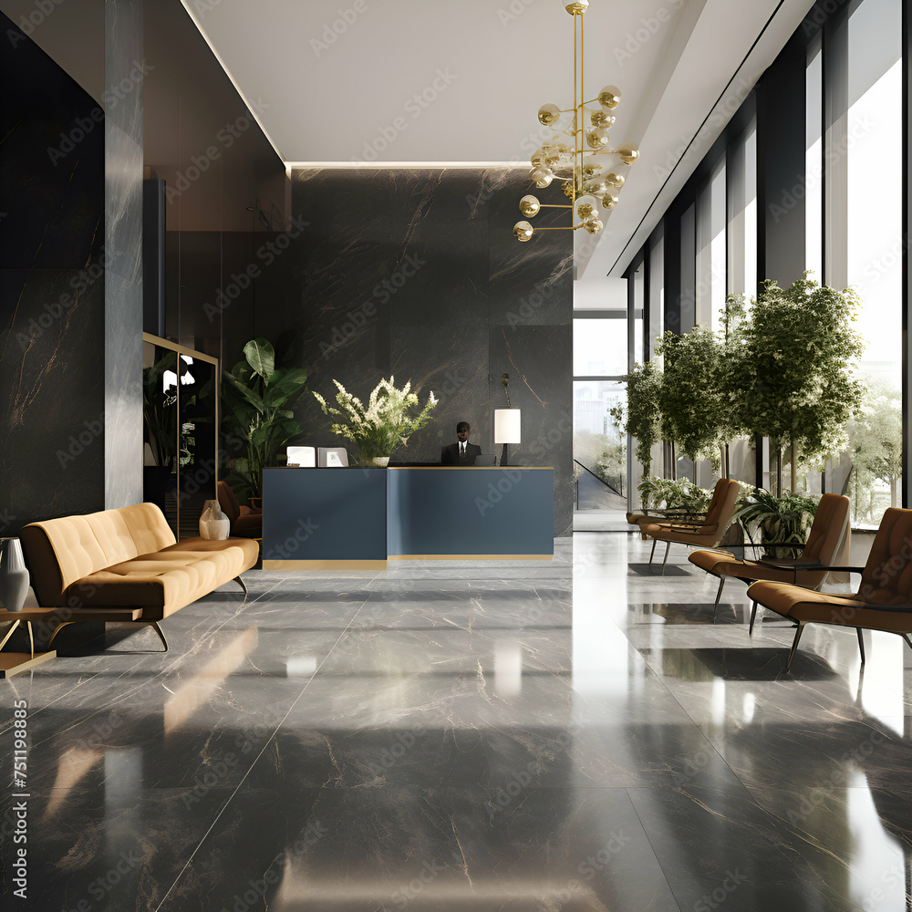 Interior of luxury hotel lobby with black and white walls. tiled floor ...