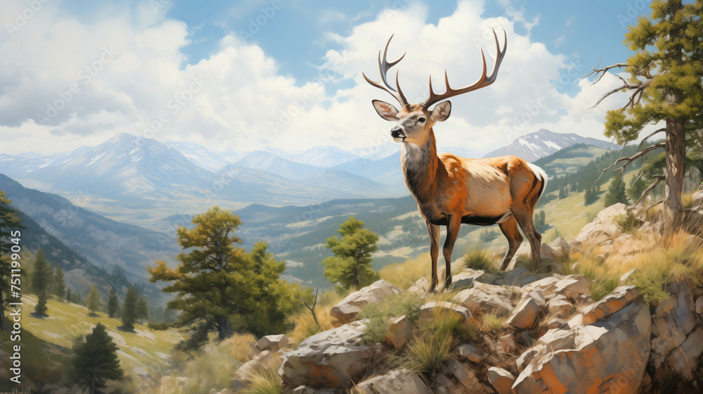 Fototapeta premium A watercolor painting of a deer standing on a rock at the edge of a cliff.