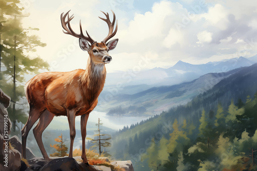 A watercolor painting of a deer standing on a rock at the edge of a cliff.