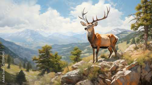 A watercolor painting of a deer standing on a rock at the edge of a cliff.