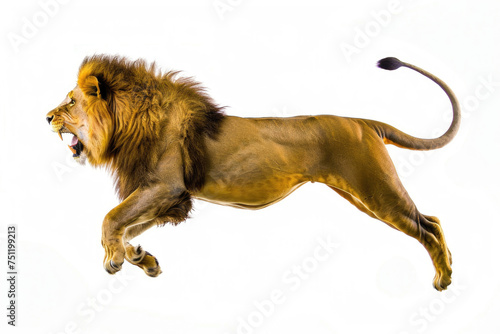 Dynamic capture of a lion in mid-air leap against a clean white backdrop
