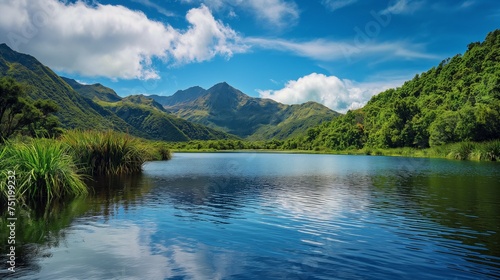 A tranquil mountain scene with a calm river, surrounded by lush greenery, under a brilliant blue sky.