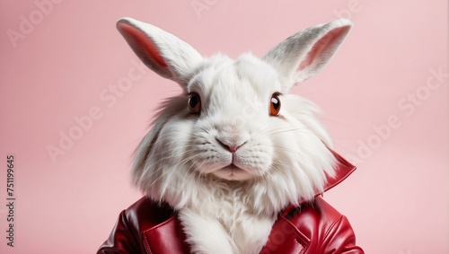 funny white rabbit with red coat, pink background, ideal for celebrations and fun themes