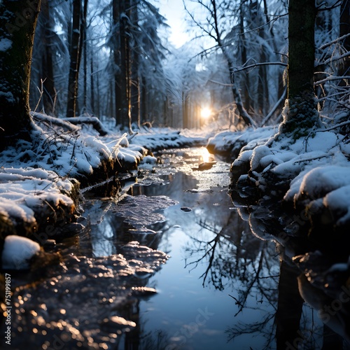 Winter landscape with snowy forest and river at sunset. Beautiful winter background