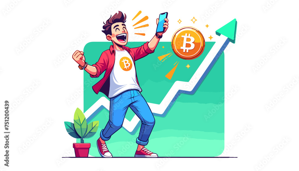 Fototapeta premium Concept of the image of an investor who is happy with the explosion of Bitcoin. Vector illustration.