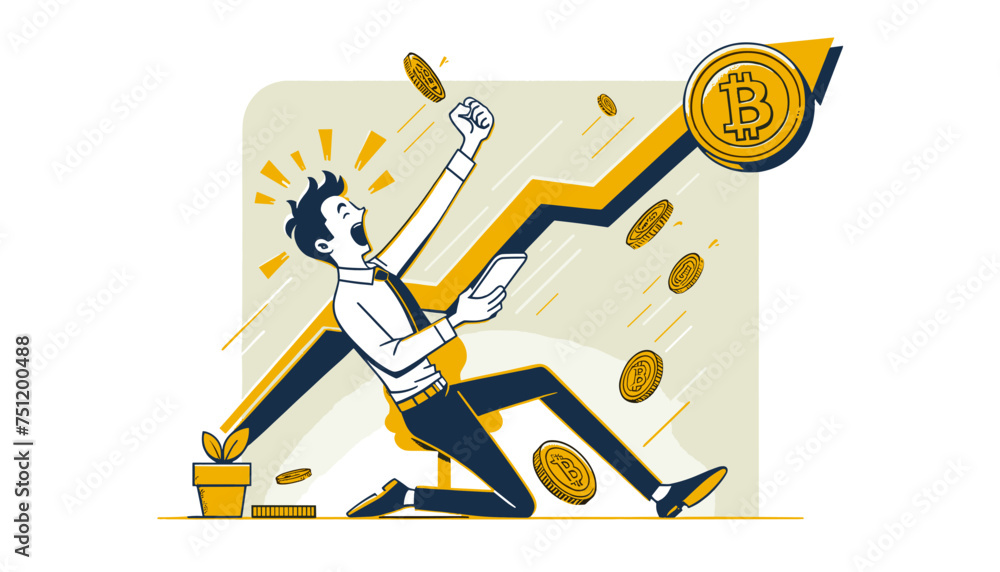 Concept of the image of an investor who is happy with the explosion of Bitcoin. Vector illustration. Concept of the image of an investor who is happy with the explosion of Bitcoin. Vector illustration.